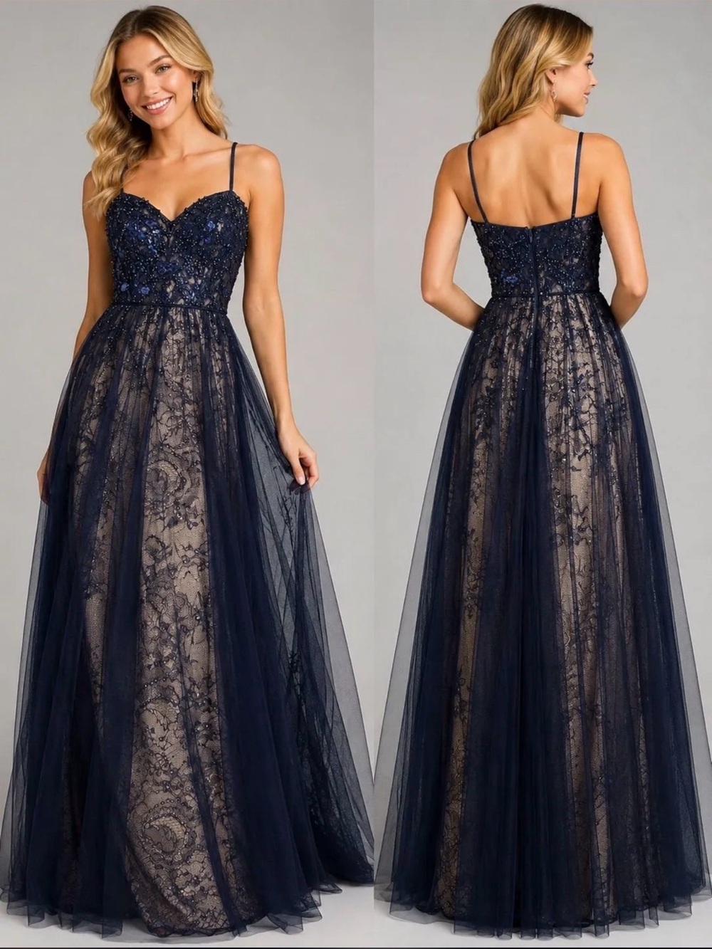 TLC Say Yes Navy Beaded Lace Tulle Formal Gown Size 3 NWT